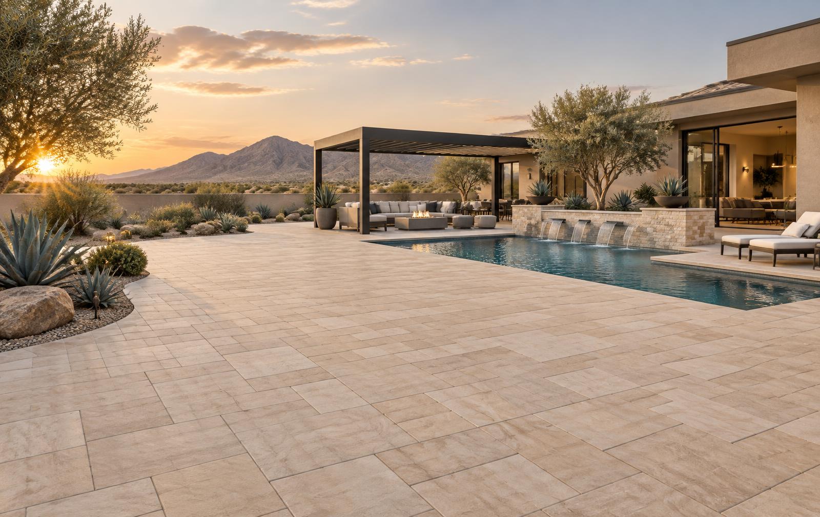 Expansive warm stone paver patio around a modern Las Vegas pool